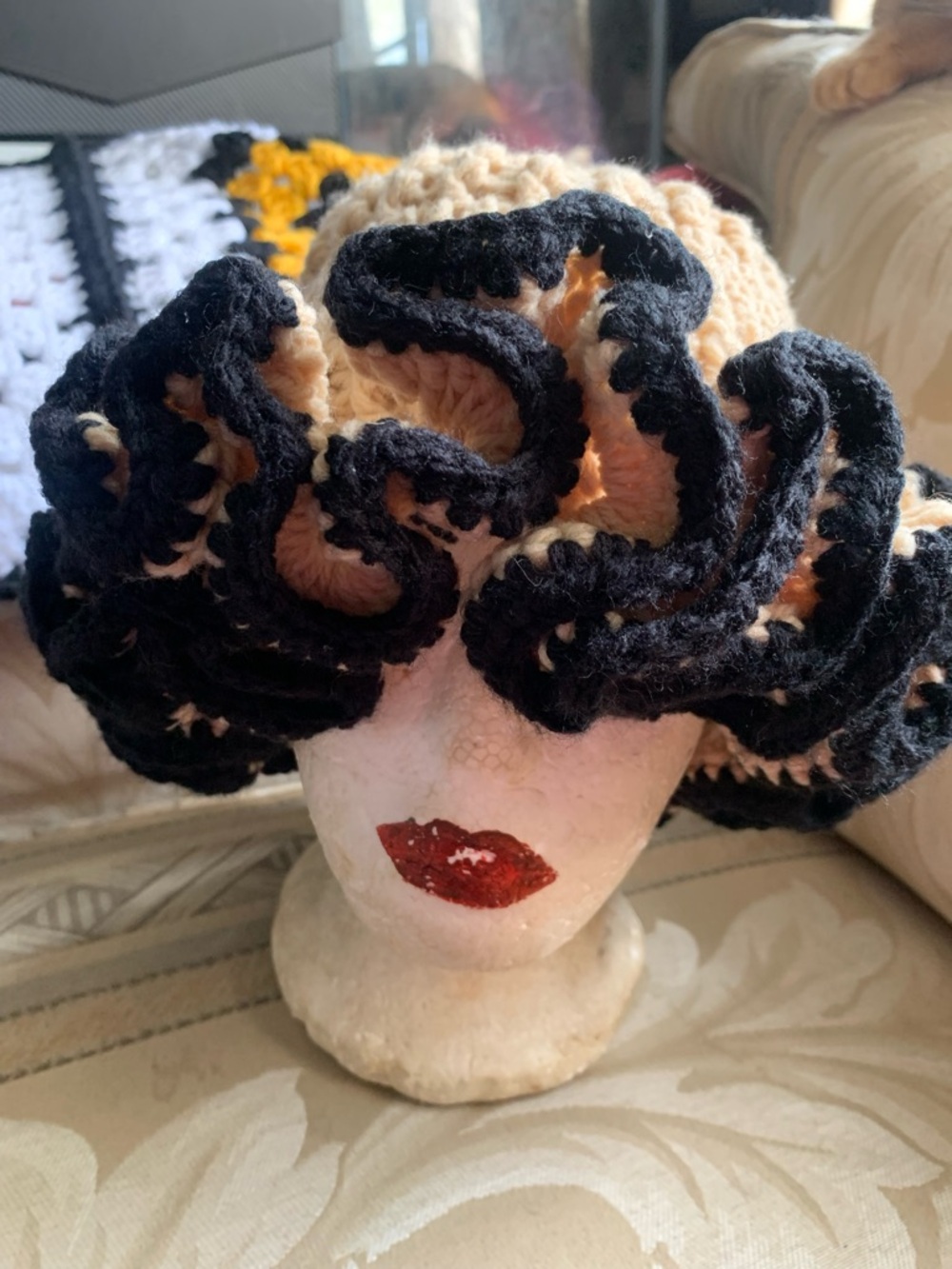 Beige and Black Crocheted Floral Ruffle Hat